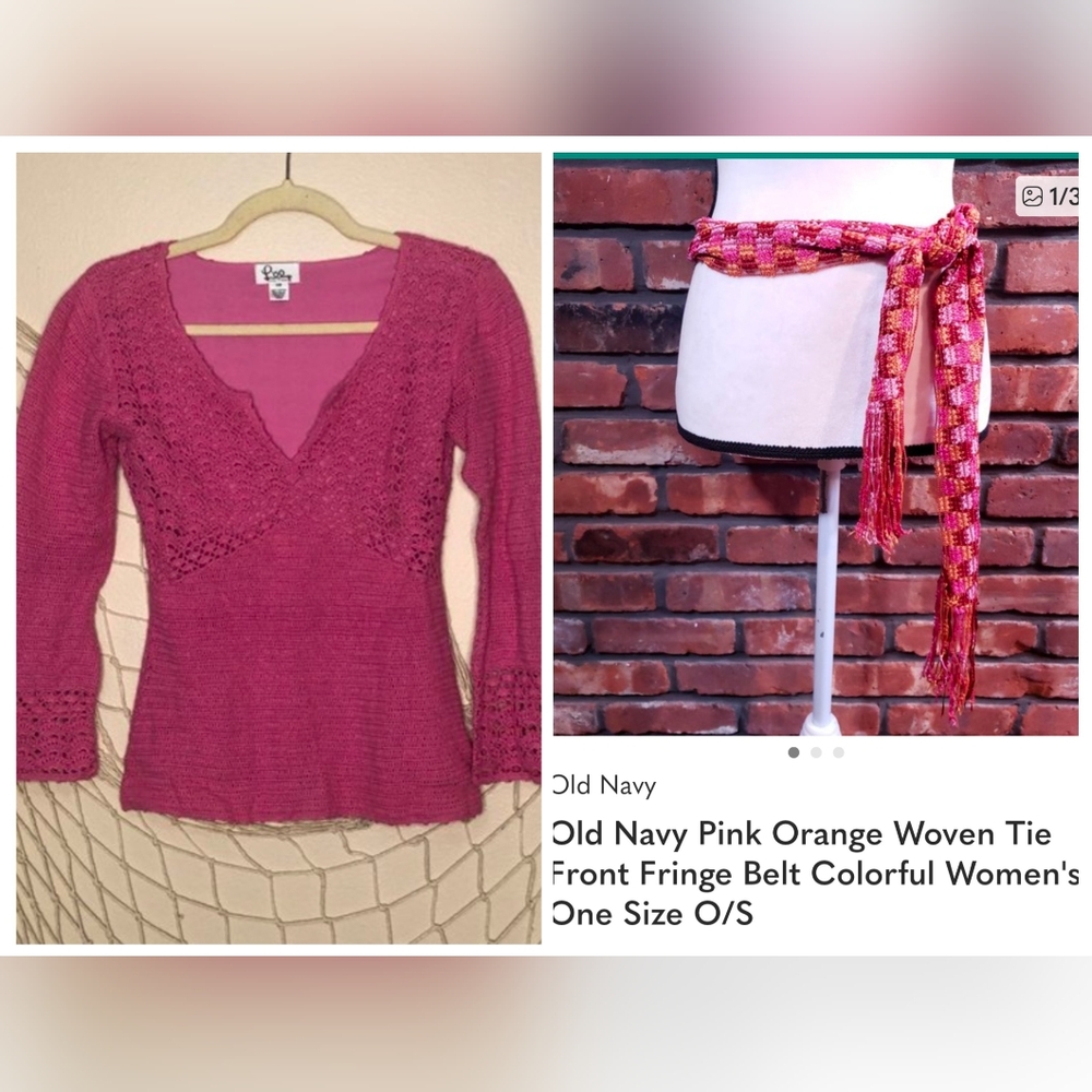 Lilly Pulitzer V-Neck Pink Crochet Sweater (SOLD AS IS) & Fringe Tie Belt